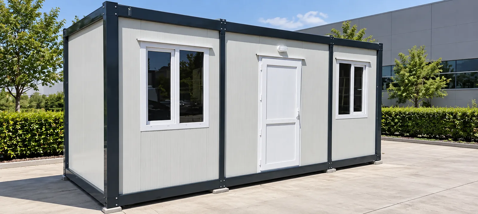 Container office with two windows and a door