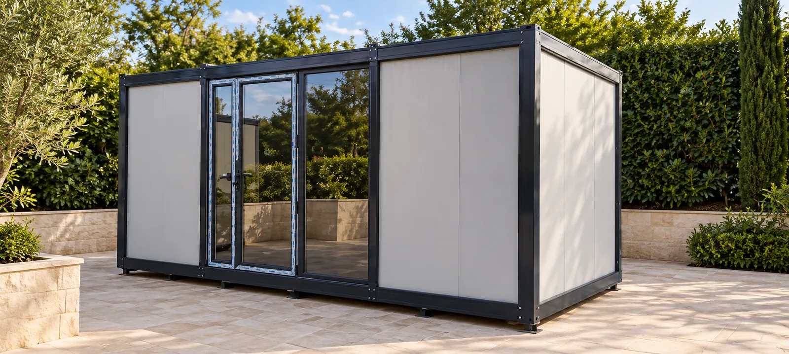 Container building with full-height glazing