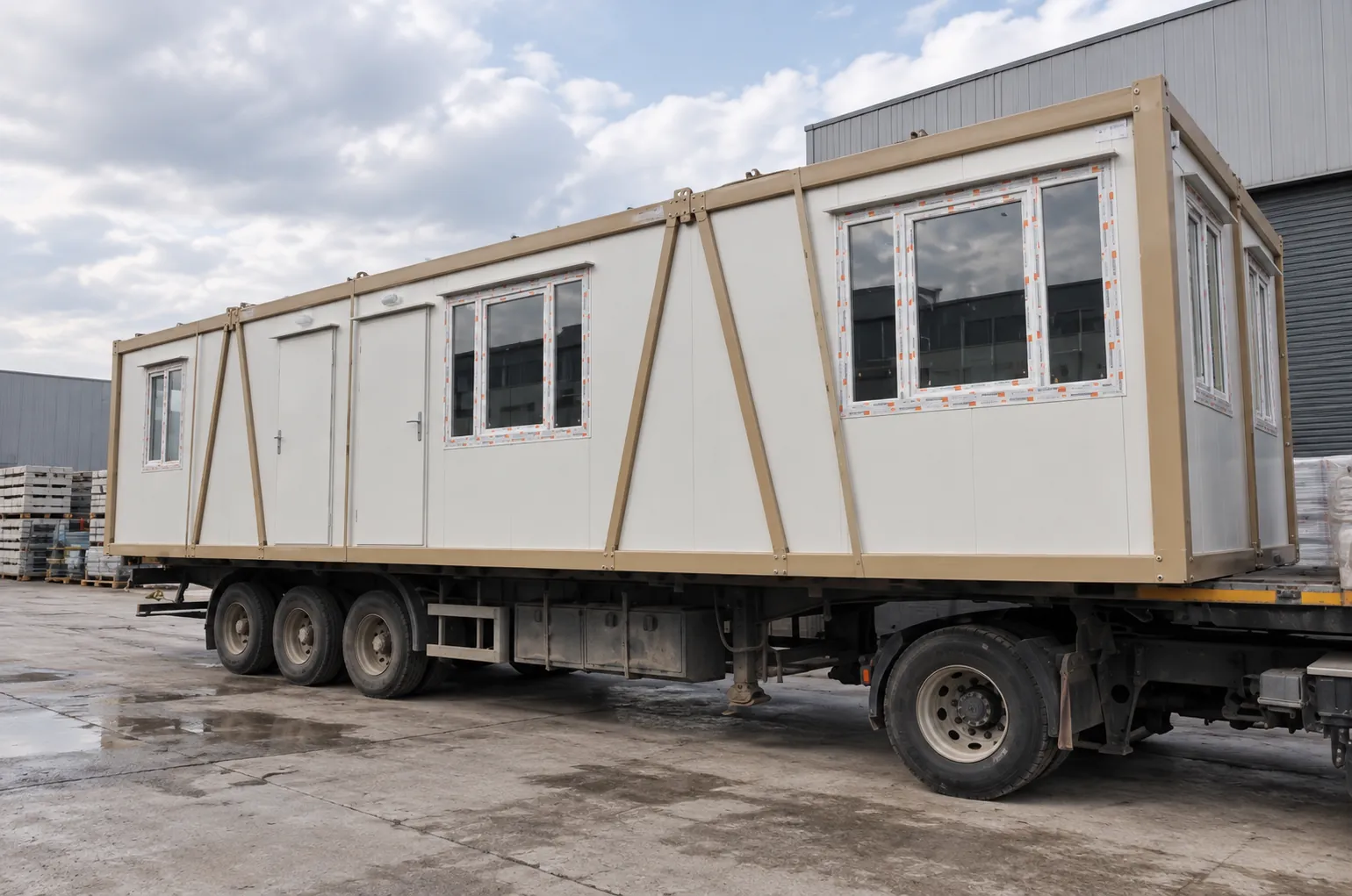 Long portable cabin loaded on a flatbed trailer