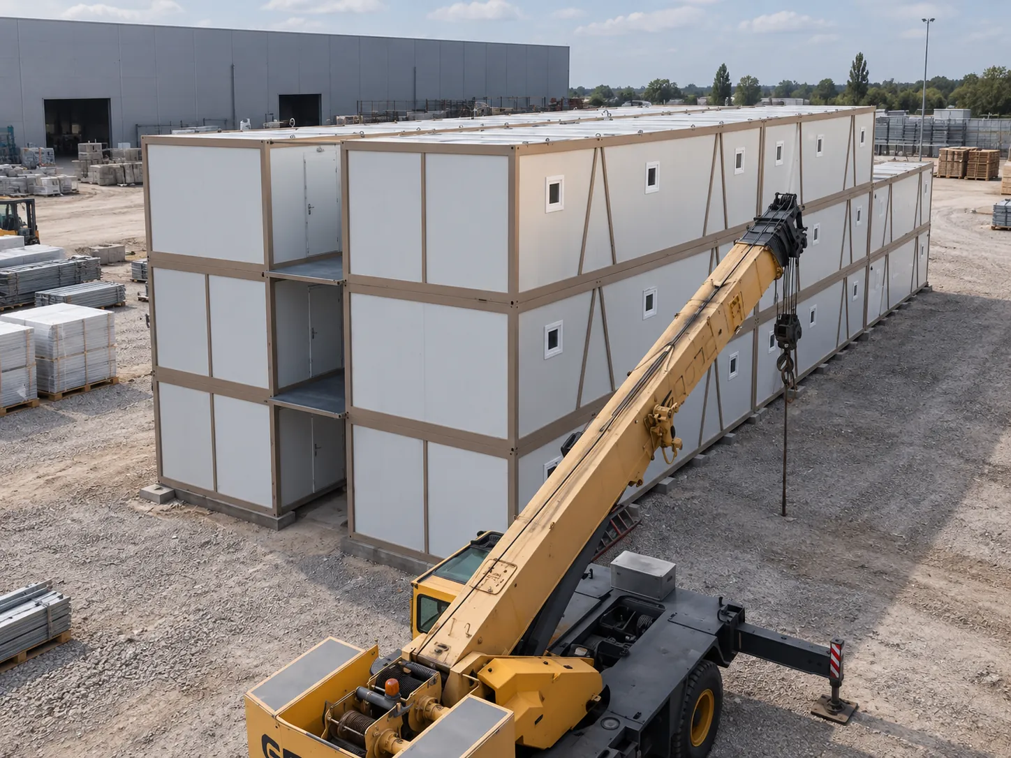 Portable cabins being positioned by crane