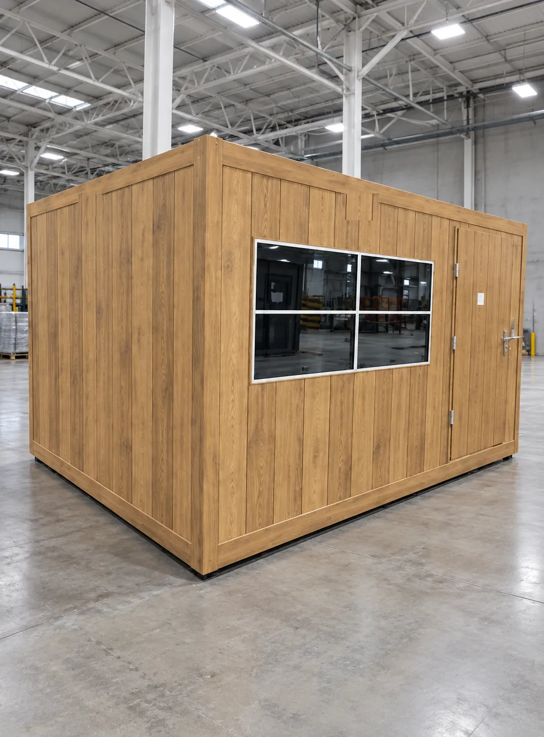 Container cabin with timber cladding and a large window