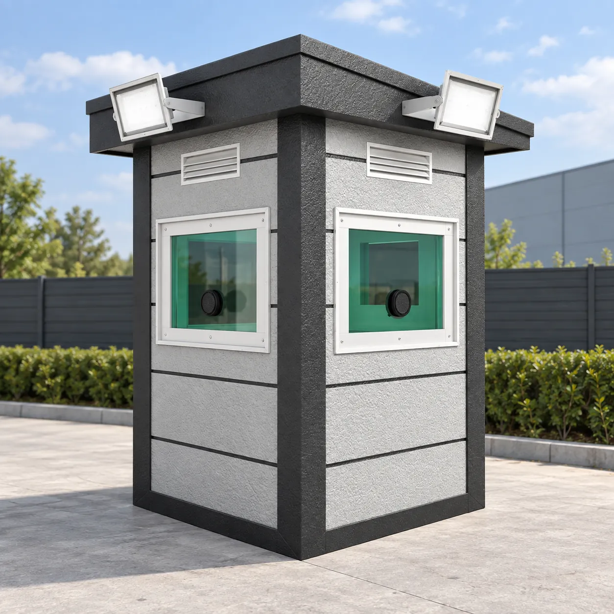 Small security booth with floodlights and composite cladding