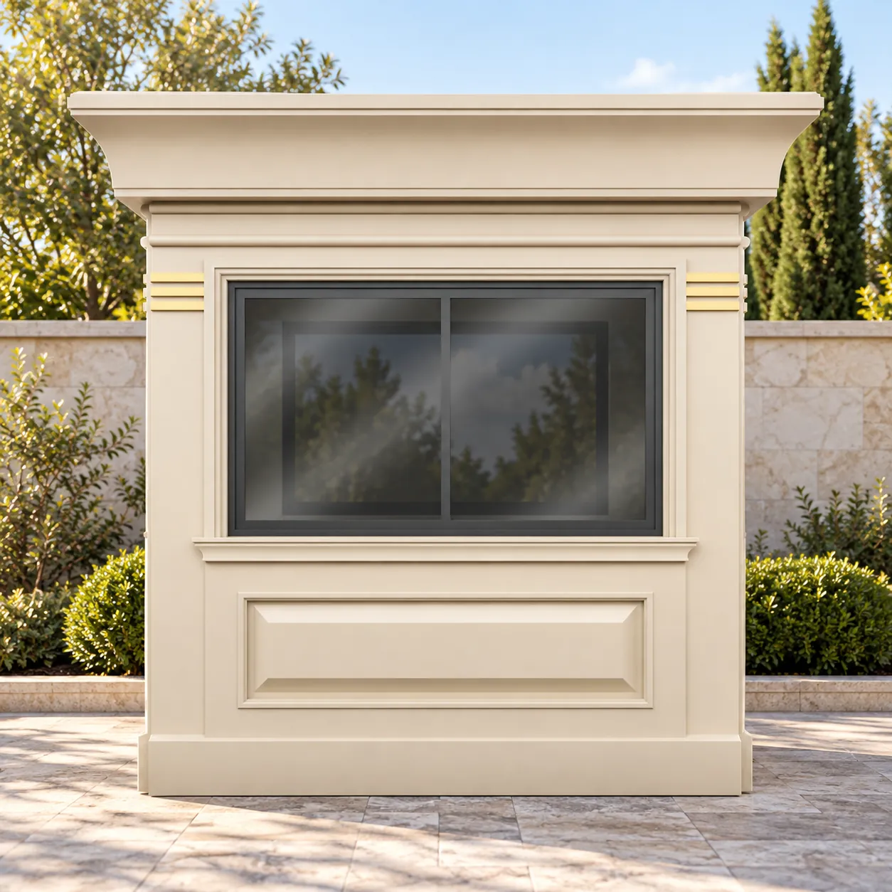 Wide heritage-style kiosk with serving window